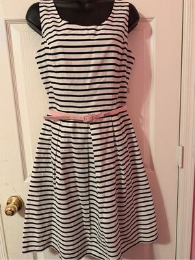 Tiana B. Black & White Striped Fit-and-Flare Dress with Pink Belt Loop